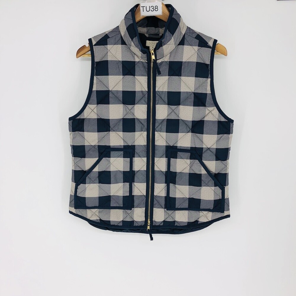 J. Crew Women's Navy Check Polyester Full Zip Front Sleeveless Casual Vest M